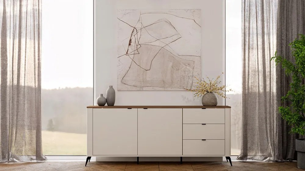 CORDOBA 2D3S komód 183x43x11.5 cm, kasmír, fekete lábakkal, tölgy fedlappal