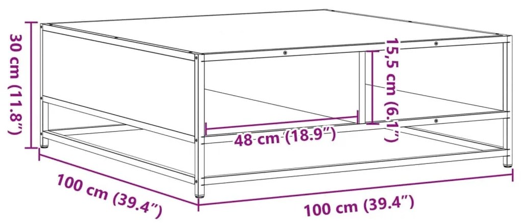 fekete szerelt fa és fém dohányzóasztal 100 x 100 x 30 cm