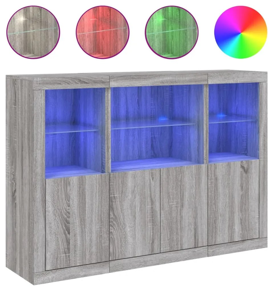 3 db szürke sonoma színű szerelt fa tálalószekrény LED-ekkel