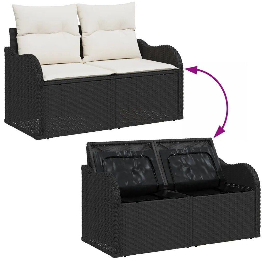 6 darabos Kert Sofa Szett Párnákkal Barna Poli Rattan, 2 személyes Kert Sofa Tárolóval és Párnákkal Fekete Poli Rattan