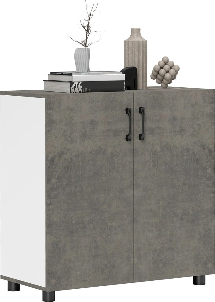 HOMCOM 2-Ajtós, Lassan Záródó Tálaló Szekrény Polccal Konyha, Hálószoba, Előszoba Részére 80x37x80 cm Szürke Cement és Magas Fényű Fehér | Aosom