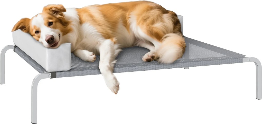 PawHut Kültéri Kutya Lounger, Emelt Kutya Ágy Közepes Méretű Kutyák Számára, Hűsítő Háziállat Lounger L-alakú párnával, Csúszásmentes Lábakkal, Kültér