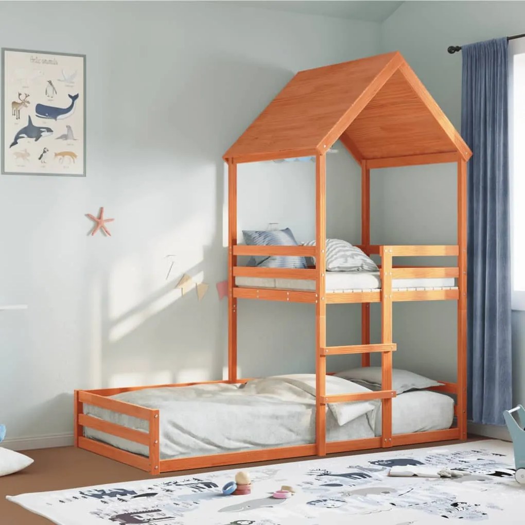 viaszbarna tömör fenyőfa ágy emelettel és tetővel 90 x 200 cm