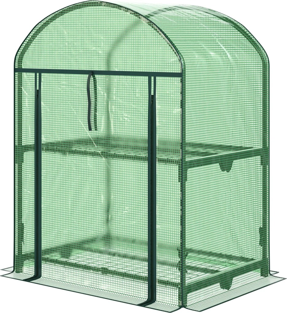 Outsunny Mini Kertiház 2 Fém Polccal és PE Fedéllel, Kompakt Erkély és Terasz Üvegház 69x49x91cm, Zöld | Aosom
