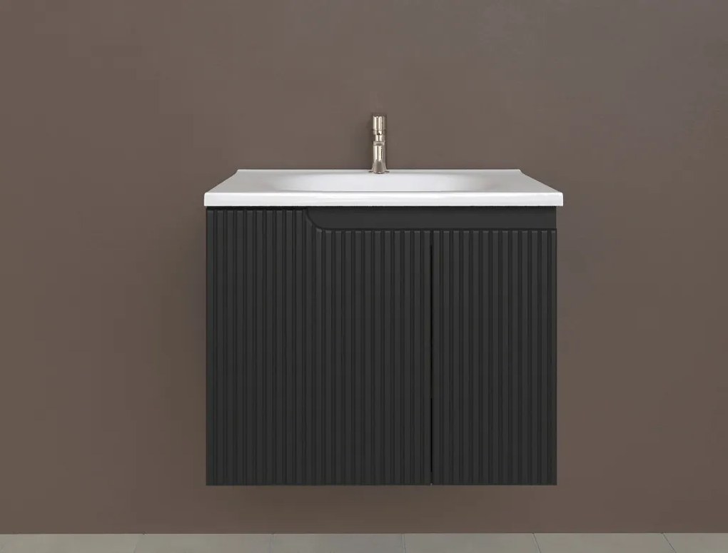 Piramida EURIDIKA fali fürdőszobabútor - műmárvány mosdóval -2 ajtós - PINO FEKETE - 65 x 48 x 53 cm