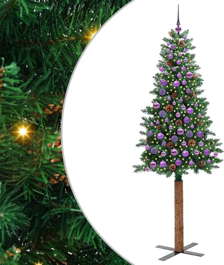 vidaXL Karcsú karácsonyfa 300 LED-del Zöld 210 cm PVC és tömör fenyőfa