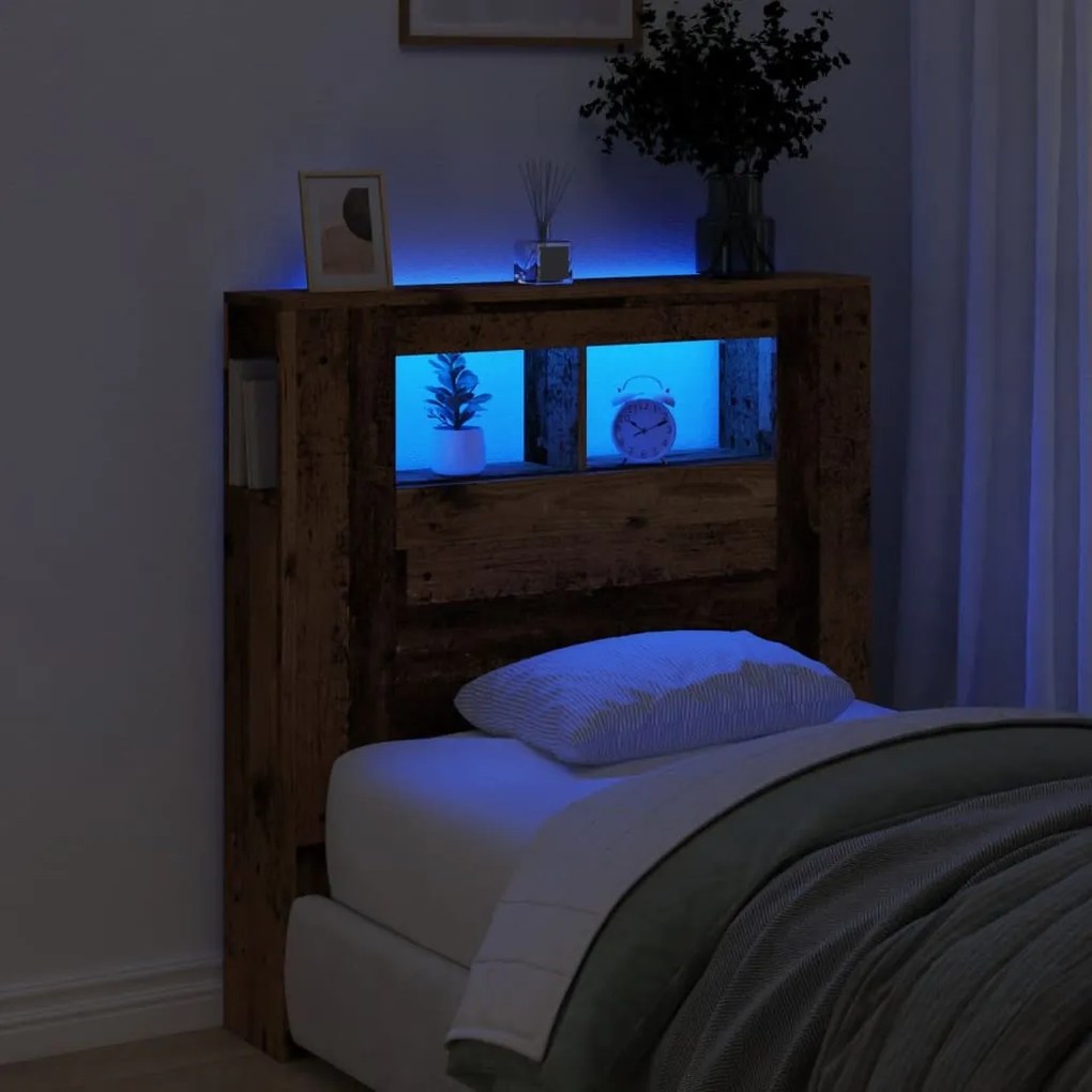 antik fa színű szerelt fa LED-es fejtámla 100x18,5x103,5 cm