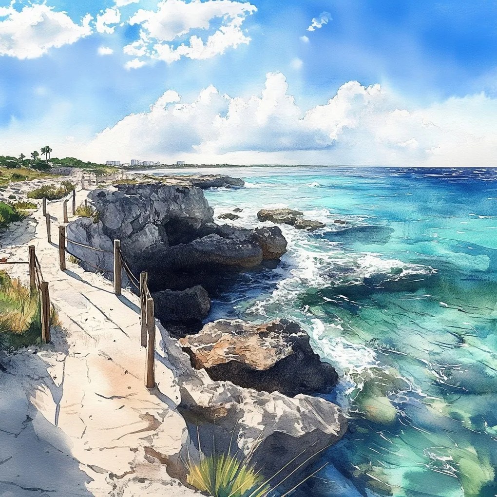 Vászonkép Canvas Tájkép Türkiz Óceán Tengerpart Sziklák Szikla Barlang 80x80