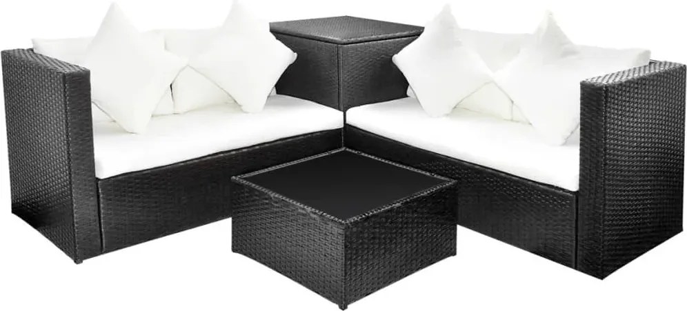 vidaXL 4 részes fekete polyrattan kerti bútorszett párnákkal