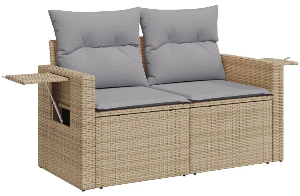 12 részes kerti sofa szett párnákkal bézs poli rattan anyagból, 3 részes kerti étkező szett párnákkal bézs poli rattan anyagból