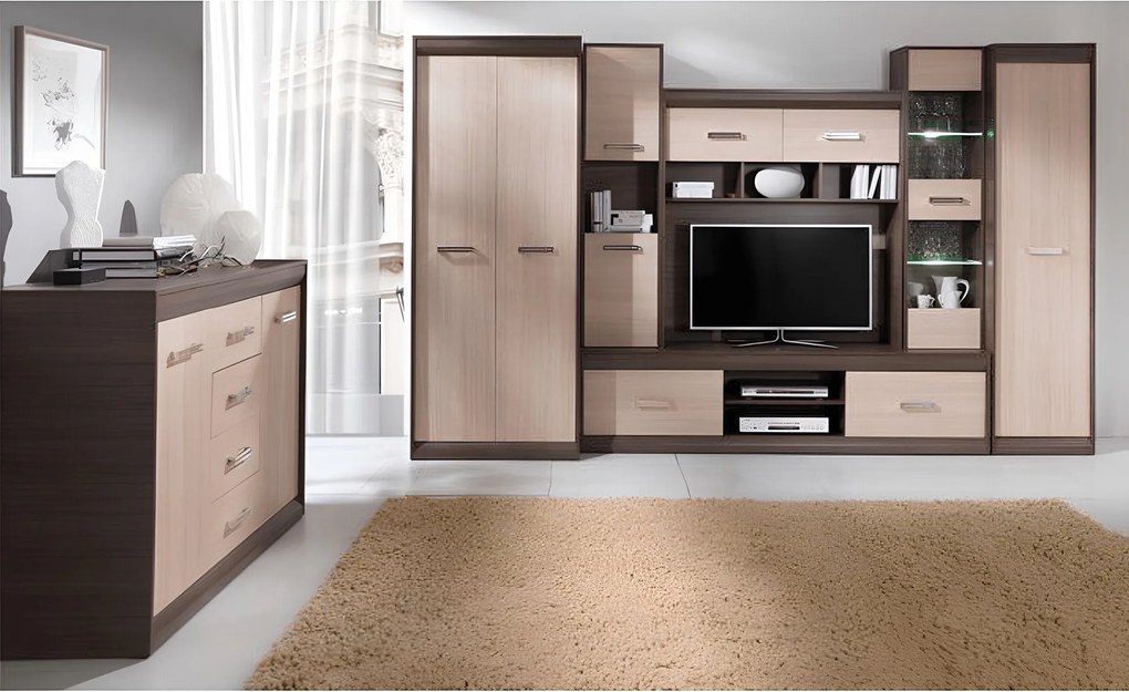 Nappali szekrénysor, DTD/MDF, világos tölgy/sötét tölgy, KORINA