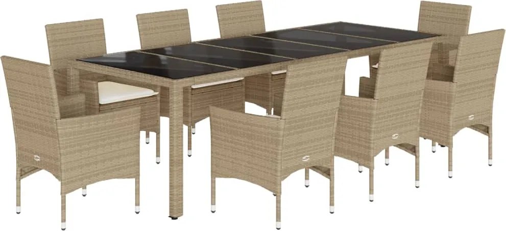 vidaXL 9 részes bézs polyrattan/üveg kerti étkezőgarnitúra párnákkal