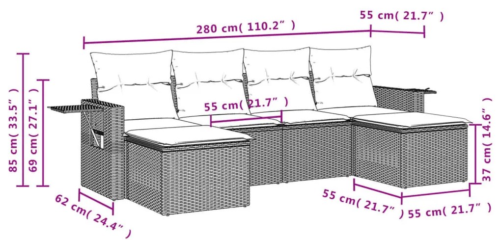 6 részes fekete polyrattan kerti ülőgarnitúra párnákkal