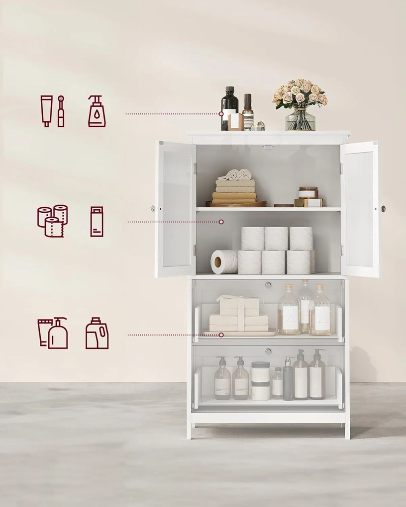 Tároló szekrény 2 ajtóval és 2 fiókkal állítható polccal,30 x 60 x 110 cm, klasszikus fehér