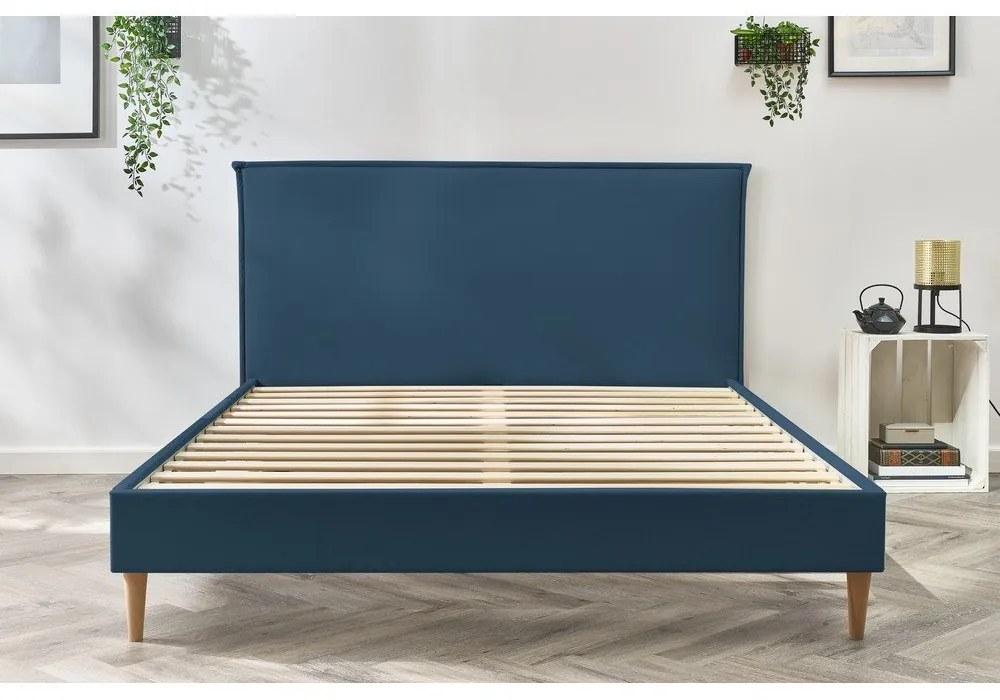 Kék kárpitozott franciaágy ágyráccsal 160x200 cm Sary – Bobochic Paris