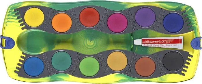 Vízfesték, 12 darabos, összeilleszthető, FABER-CASTELL Dinoszaurusz+1 tubus fehér tempera + dinoszaurusz matrica (TFC125036)