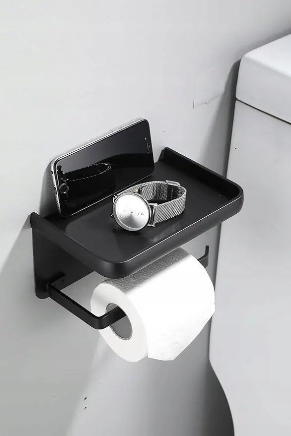 WC-papír tartó polccal mobiltelefonhoz (fekete)