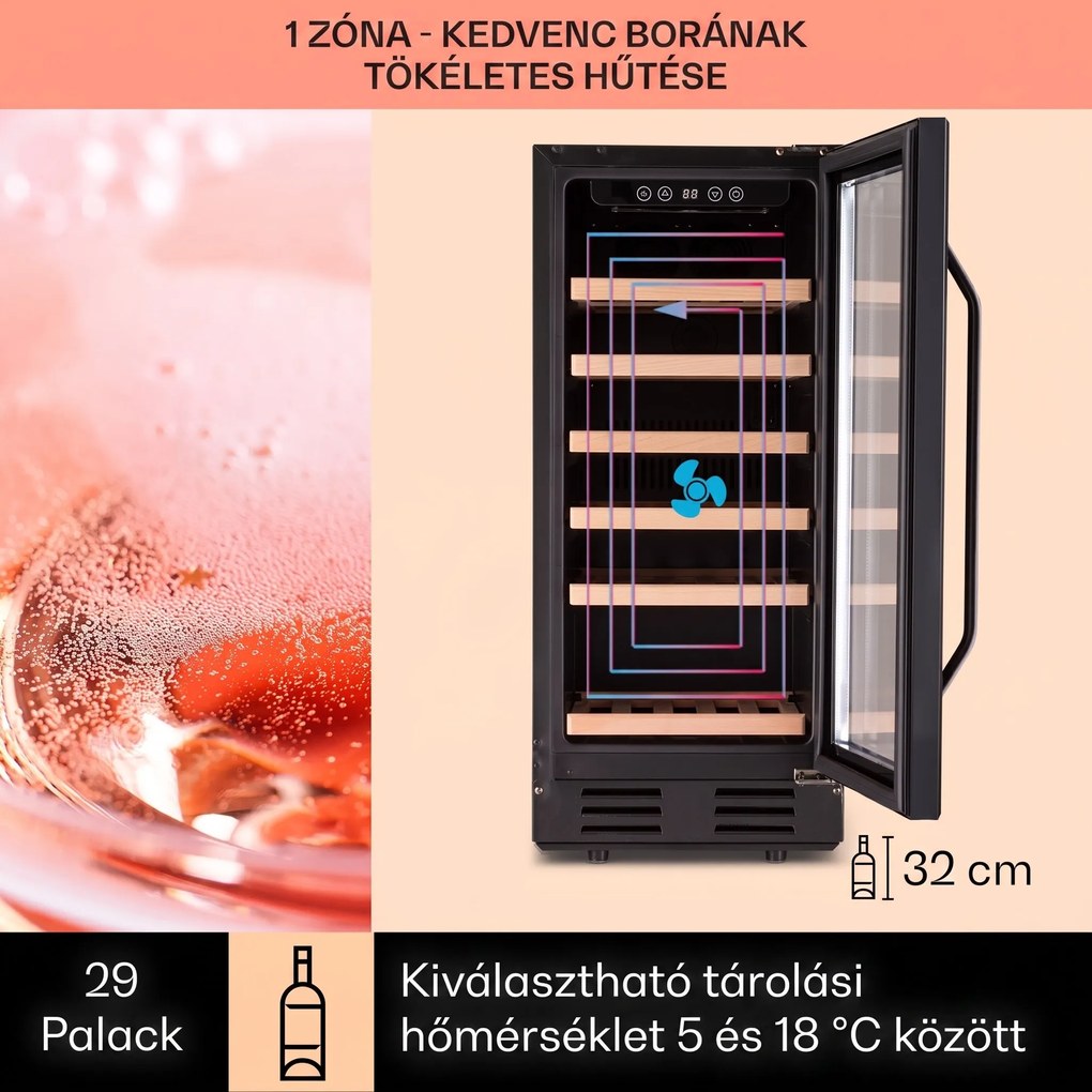 Klarstein Vinovilla 29 Built-In, beépíthető borhűtő, 81 liter, 29 palack, 1 zóna, üvegajtó, rozsdamentes acél