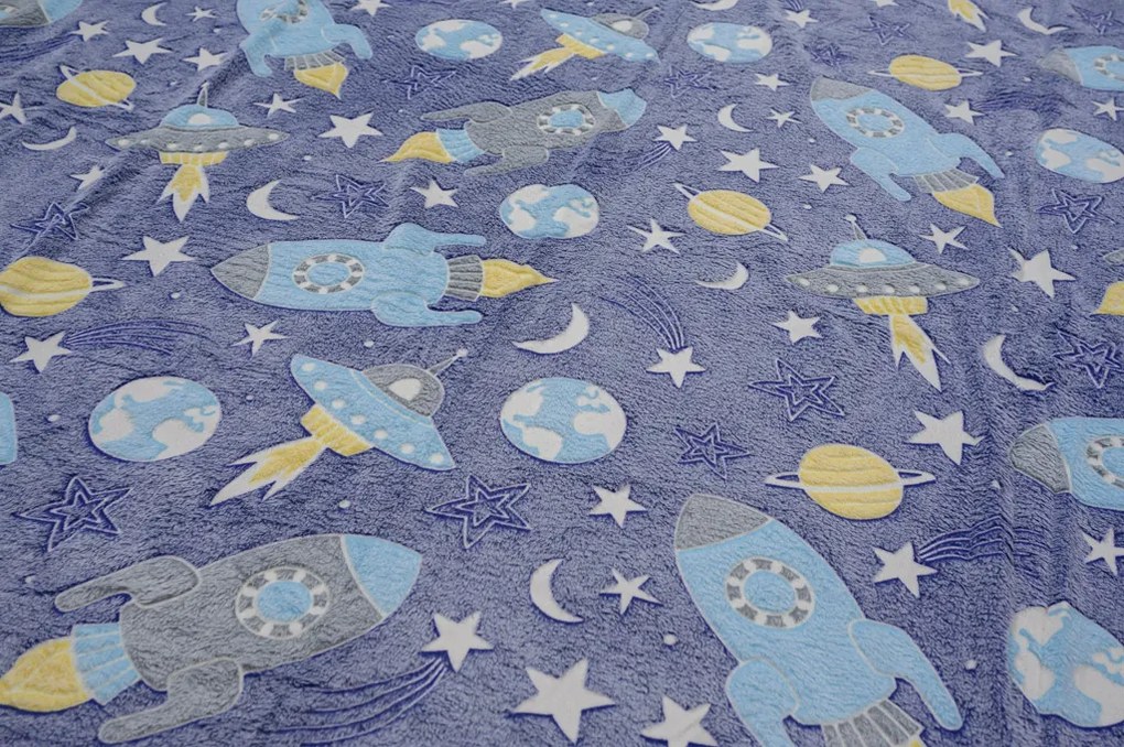 COMETS AND ROCKET kék-szürke mikroflanel világító takaró 150x200 cm