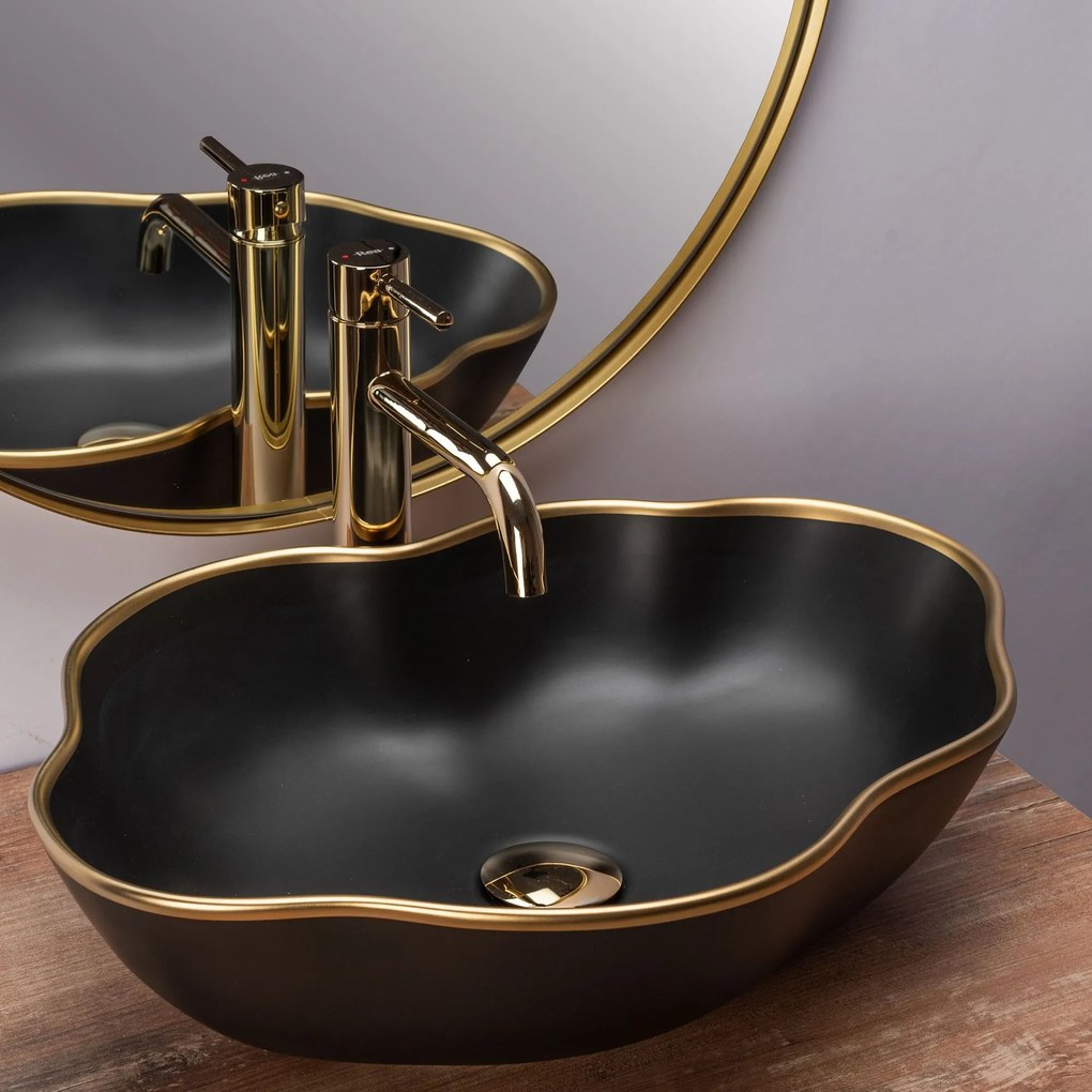 készlet Pultos mosdó Pearl black matt gold edge + Fürdőszobai csaptelep Lungo gold + Dugó gold