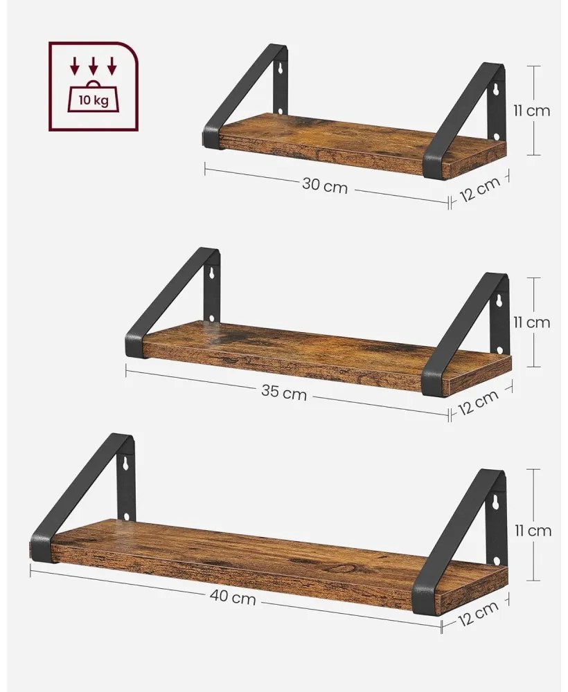 3 darabos fali polc szett, rusztikus barna 30/35/40cm