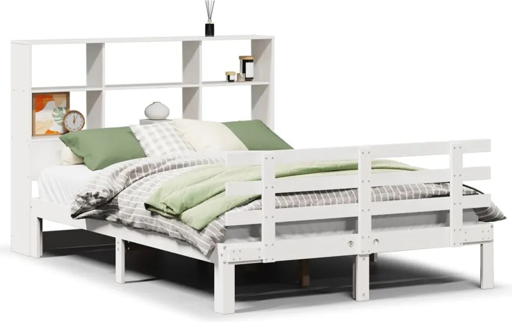 vidaXL fehér tömör fenyőfa könyvespolcos ágy matrac nélkül 140x190 cm