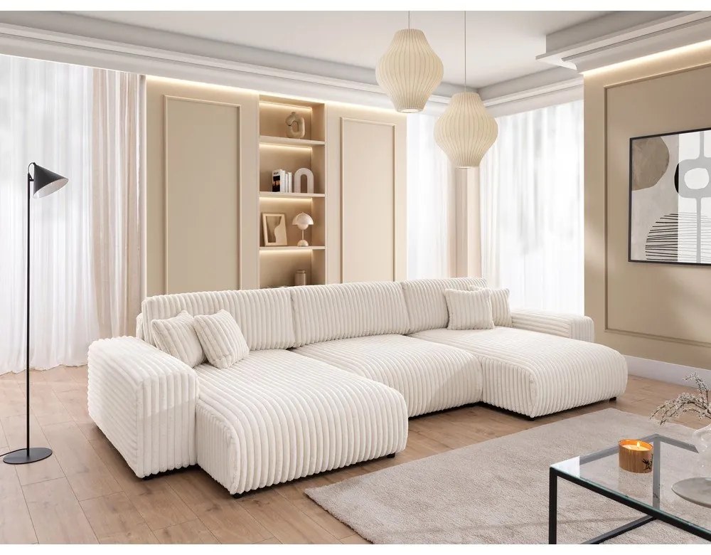 Krémszínű kordbársony kinyitható-tárolóhelyes (U alakú) sarokkanapé Sarina – Ropez