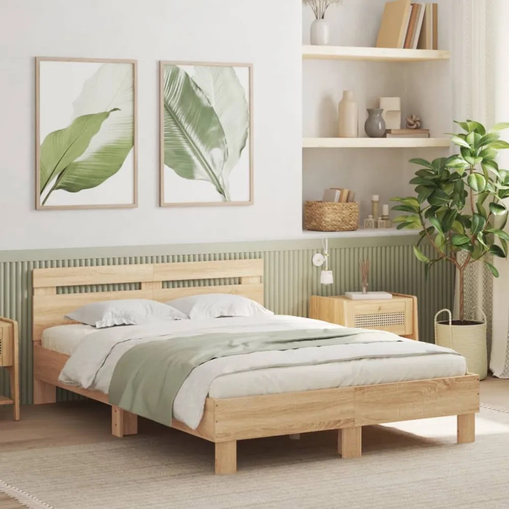 sonoma tölgy színű ágykeret fejtámlával és LED-del 135x190 cm