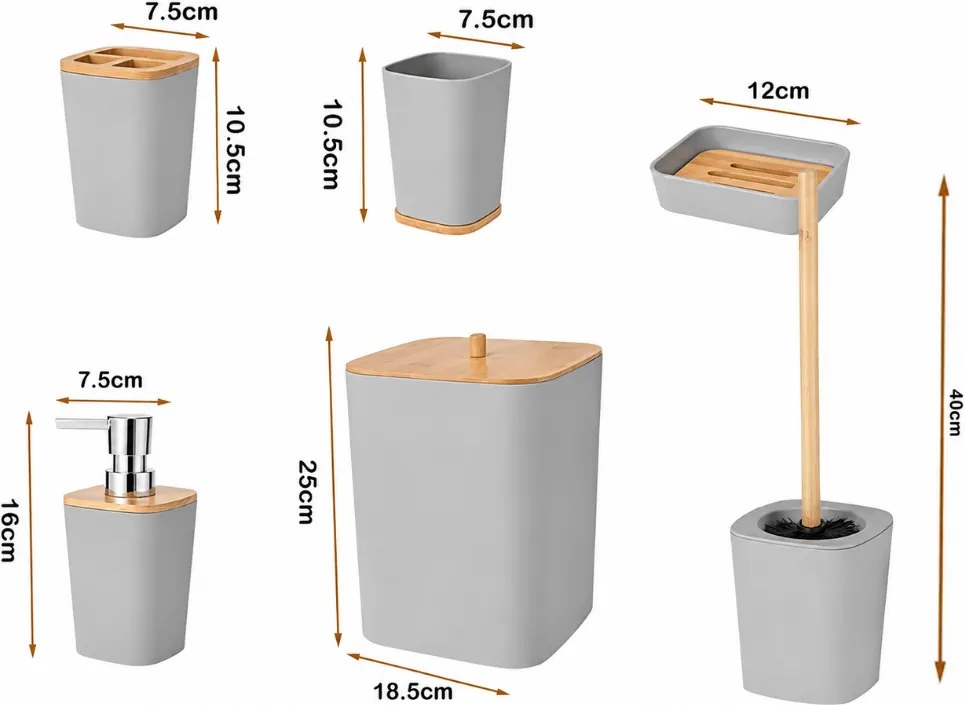 Fürdőszobai szett NATUREO 6 db, bambusz/szürke
