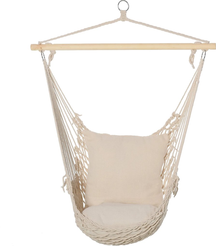 Outsunny Függő Swing Hinta Fotel 2 Pamut Párnával, Fa Rúddal 120 kg Teherbírása Függő Fotel Belső és Külső Használatra Krém | Aosom