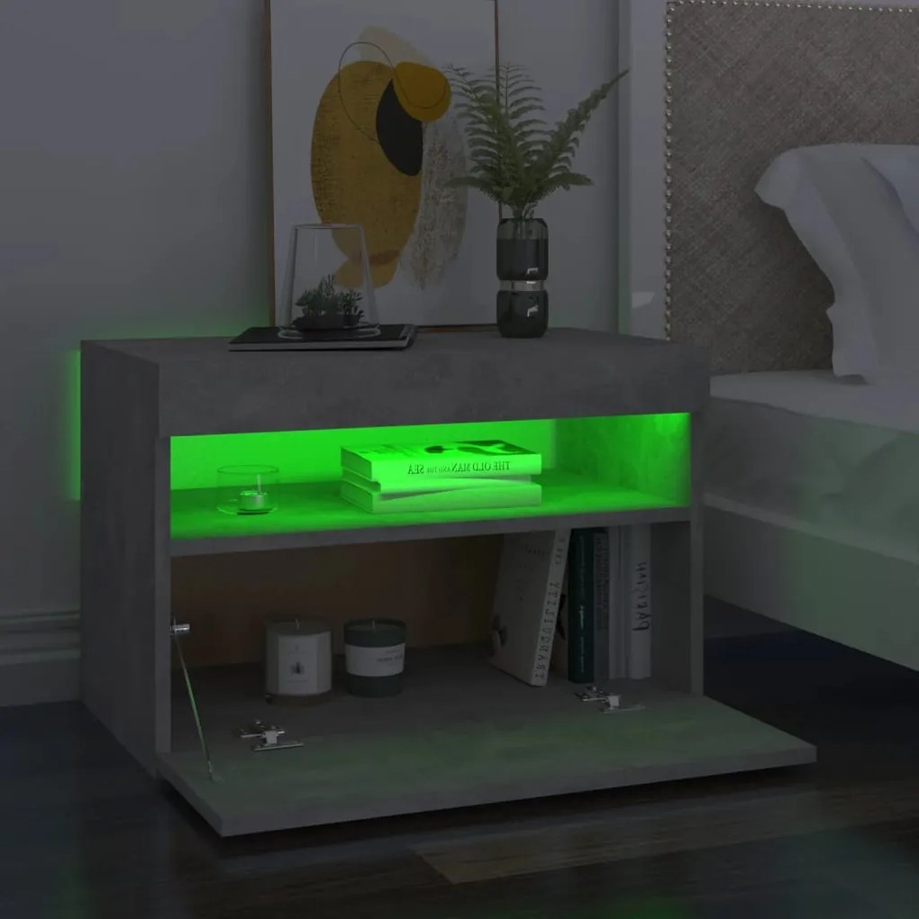 Betonszürke éjjeliszekrény LED-lámpákkal 60 x 35 x 40 cm