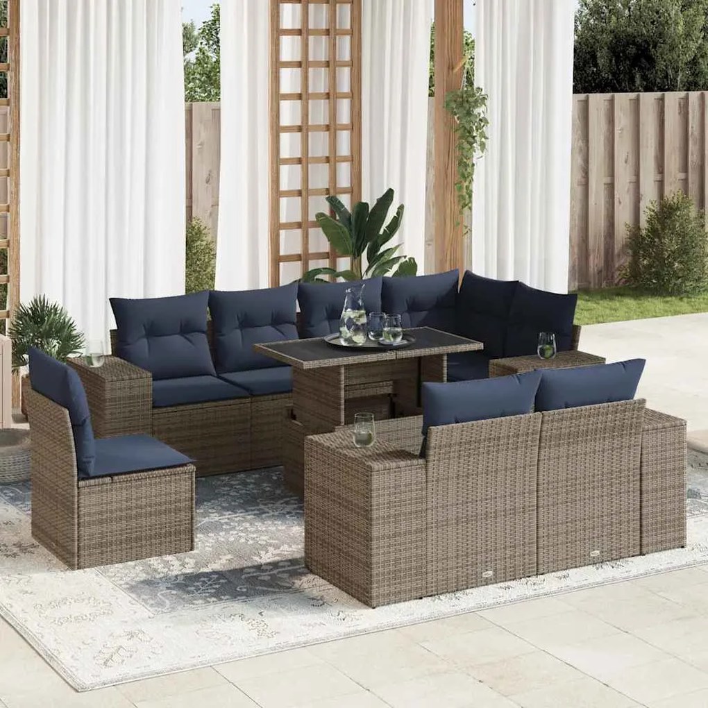 16 részes szürke polyrattan akácfa kerti ülőgarnitúra párnákkal