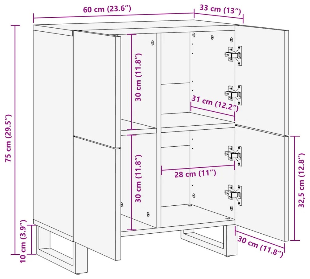 Oldalszekrény 60 x 33.5 x 75 cm - Tömör mangóból és őszi fából készült
