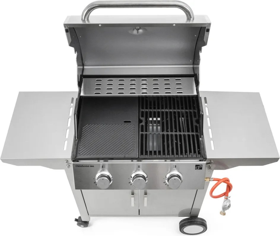 OKLAHOMA BBQ gázgrill, 3 égővel, nyomáscsökkentő szeleppel, ezüst Penta CZ