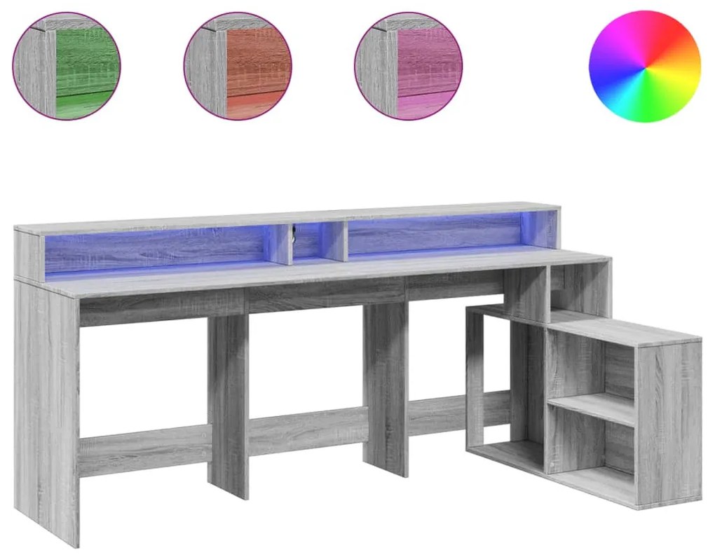 Szürke sonoma színű szerelt fa LED-es íróasztal 200x104x91 cm