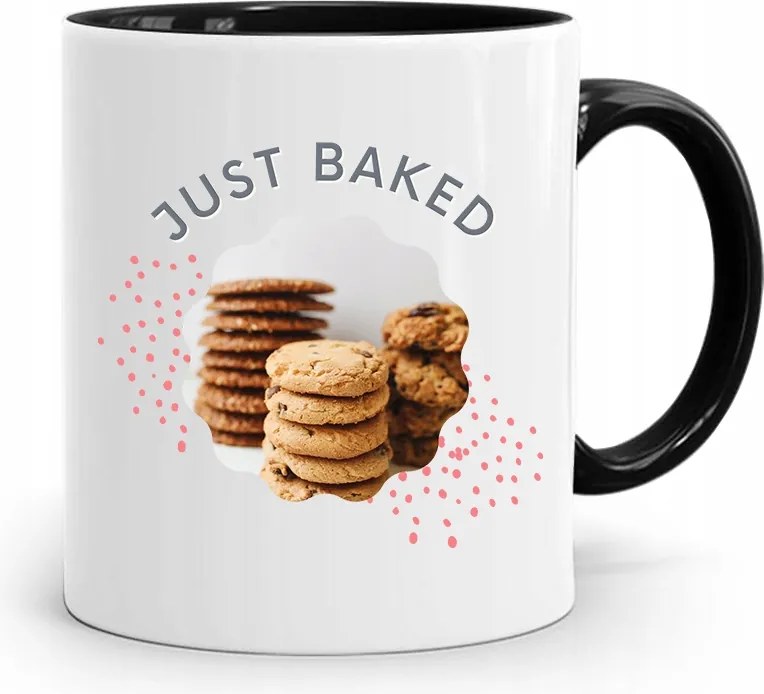 Fekete Bögre Ajándék Péknek Just Baked fényképes nyomtatással