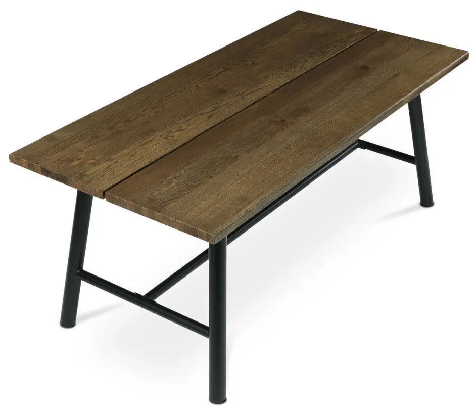 Masă de sufragerie, 180x90cm, furnir, culoare nuc, picioare din metal negru