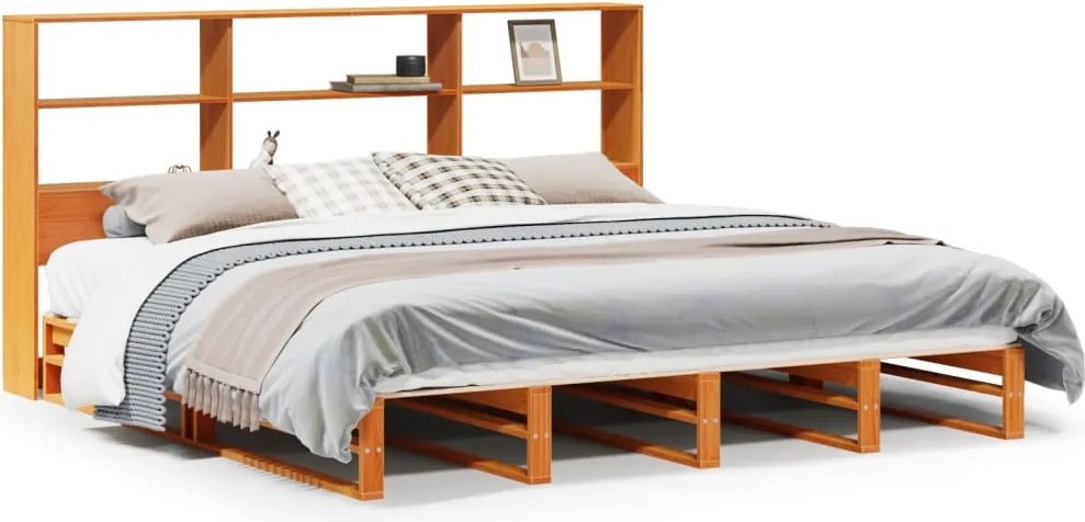 vidaXL viaszbarna tömör fa könyvespolcos ágy matrac nélkül 180 x 200cm