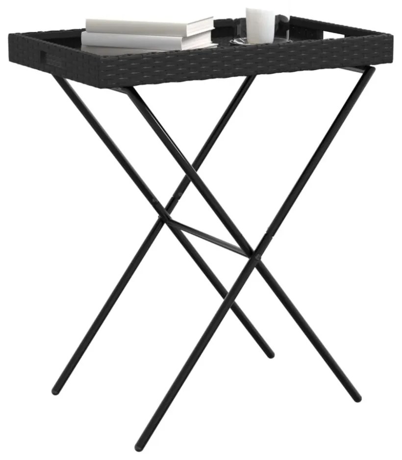 fekete összecsukható polyrattan tálcaasztal 65 x 40 x 75 cm