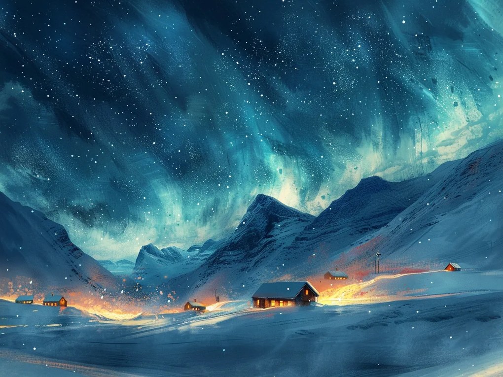 Vászonkép Canvas Tájkép Éjszaka Északi Fény Tél Hó Hegyek 100x75