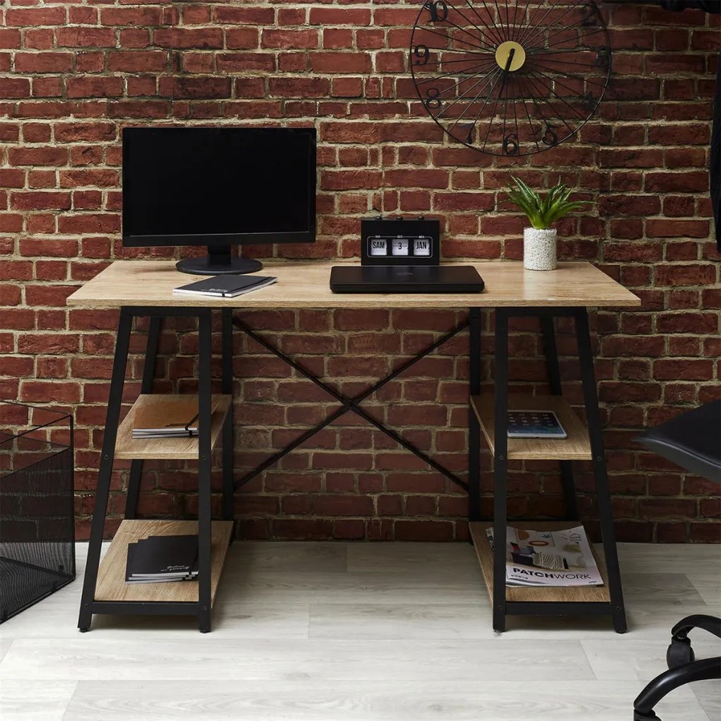 Polcos íróasztal / számítógépasztal 120×50 cm, masszív fém vázzal, fekete–aranytölgy – Intenso Home