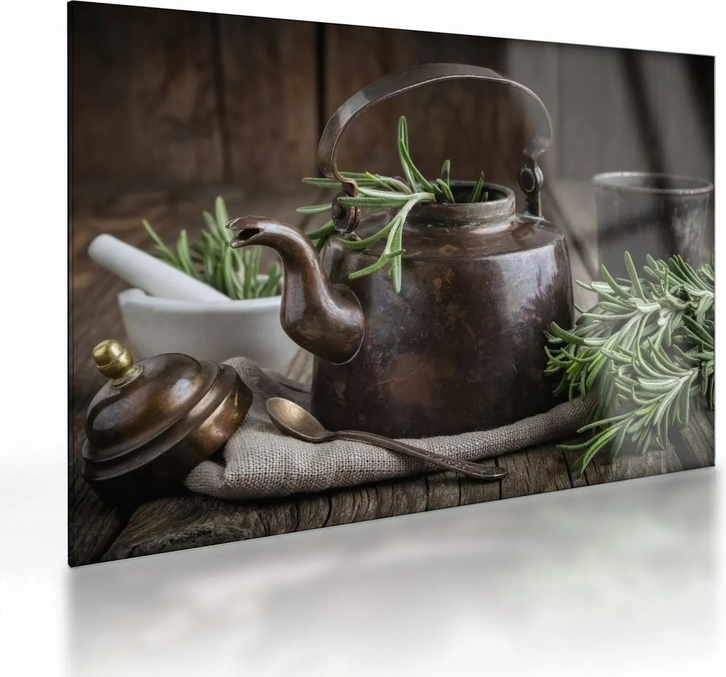 Üveg kép - Teáskanna rozmaringgal (70x50 cm)