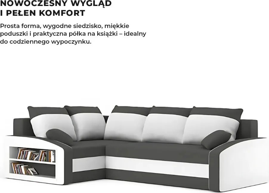 Grande sarokkanapé polcokkal , polc a bal karfaban, baloldali, szövet anyag, hab töltet, szürke - fehér