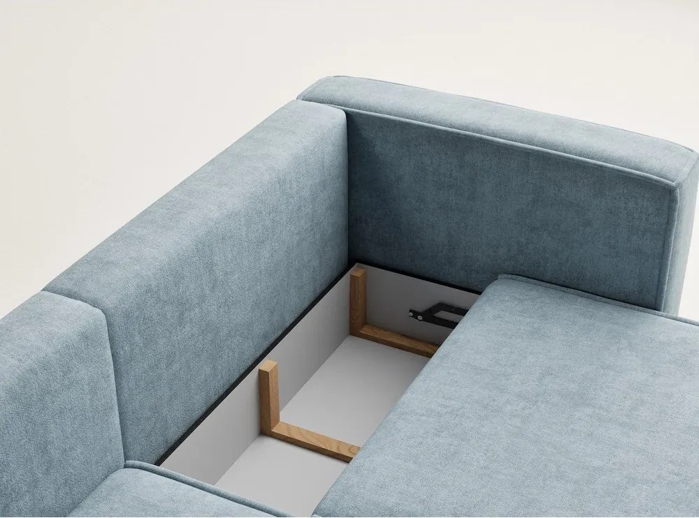 Világoskék zsenília kinyitható-tárolóhelyes sarokkanapé (bal oldali-heverő résszel) Velto – Maison de Rêve