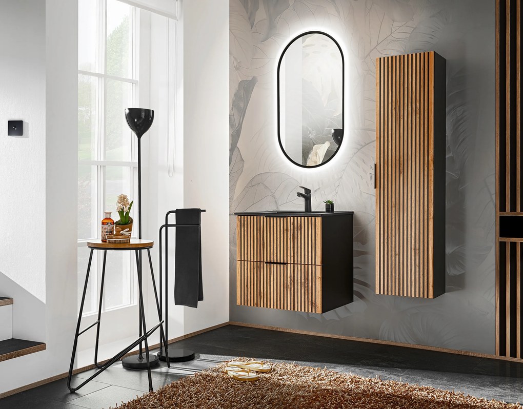 60cm-es bútorszett mosdóval, magas szekrénnyel és tükörrel