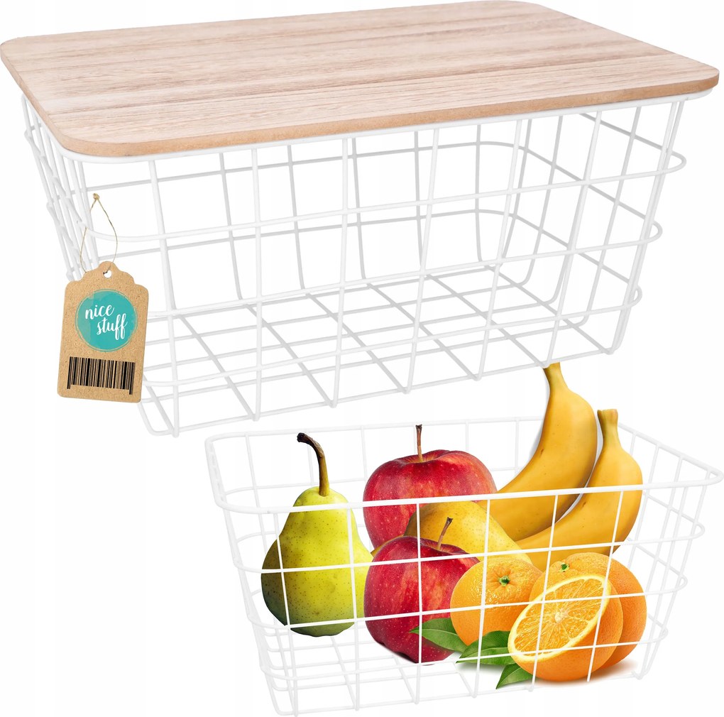 Gyümölcskosár zöldség konyhai fém kosár fedéllel fehér loft 22x31