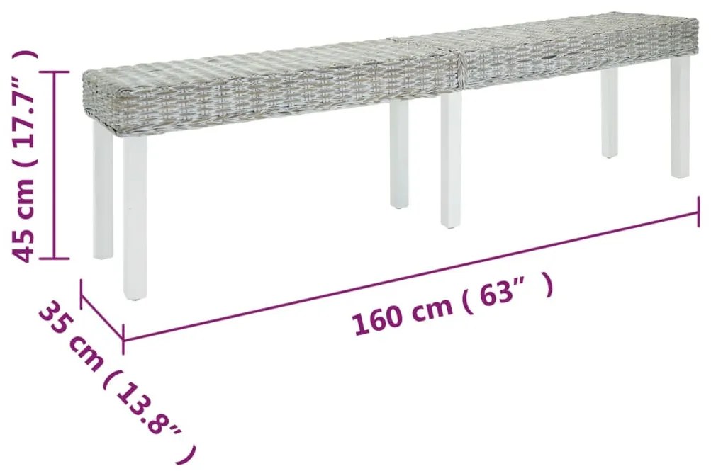 fehér natúr kubu rattan és tömör mahagóni fa pad 160 x 35 x 45 cm