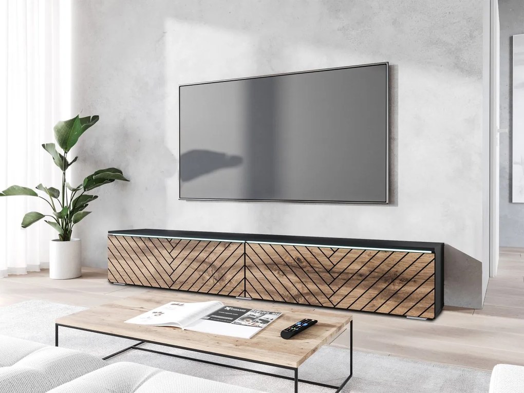 TV szekrény Dlana 180 MDF (fekete grafit + wotan tölgy) (fehér LED világítás). 1106214
