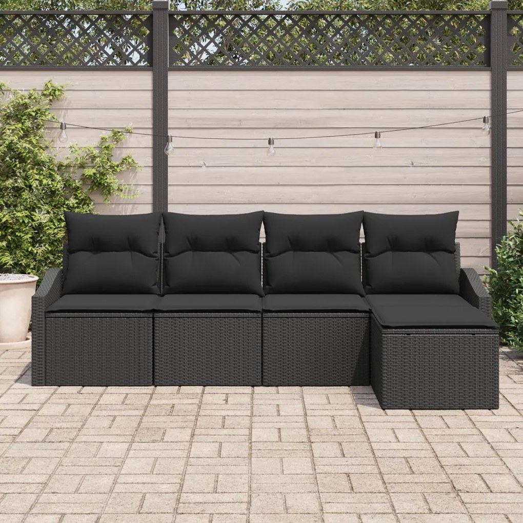 Kert Kanape Szett 5-Darabos Fekete Rattan, Acél Kültéri Kanapé