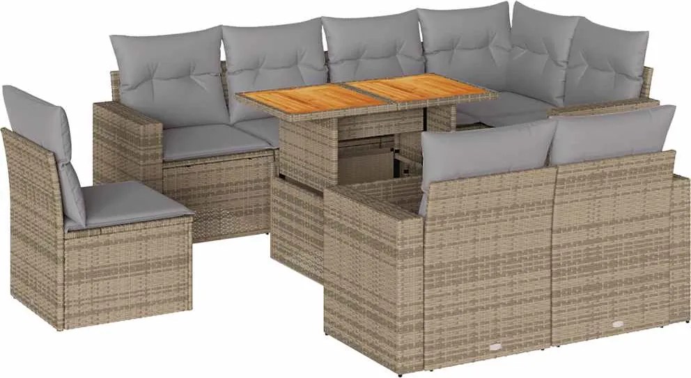 vidaXL 9 részes bézs polyrattan kerti ülőgarnitúra párnákkal
